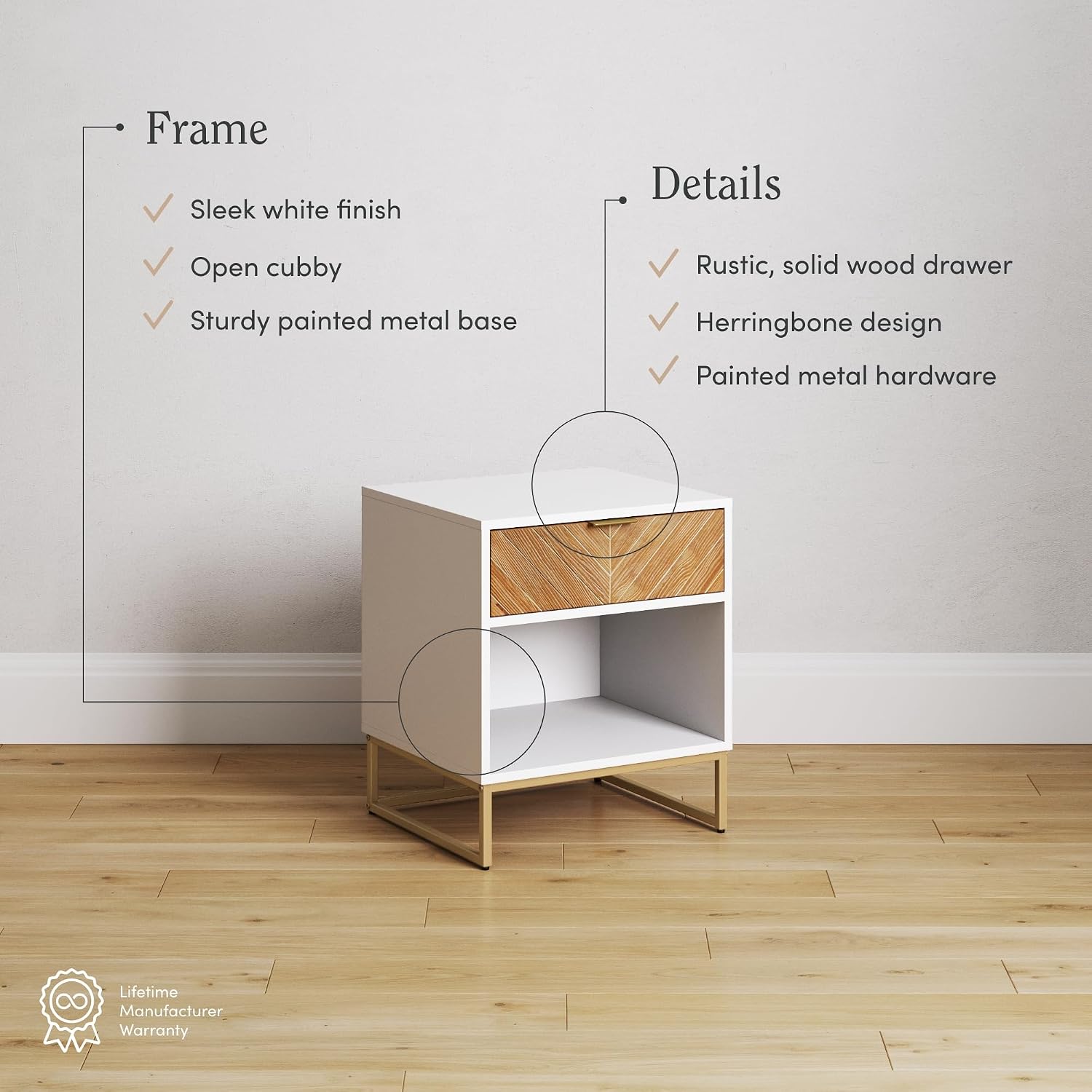 Nathan James Kensi Nightstand Side Accent or End Table with Storage, White/Gold - Set of 2