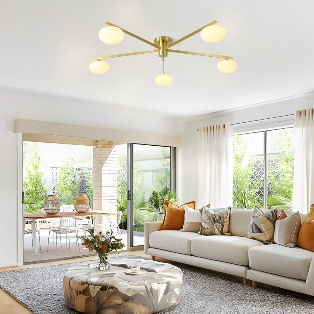 5 Lights Industrial Semi Flush Mount Ceiling Light Fixture Gold Modern Sputnik Chandelier Ceiling Light Fixtures Globe Sputnik Ceiling Lamp Glass Close to Ceiling Light Fixtures MCL05-GD