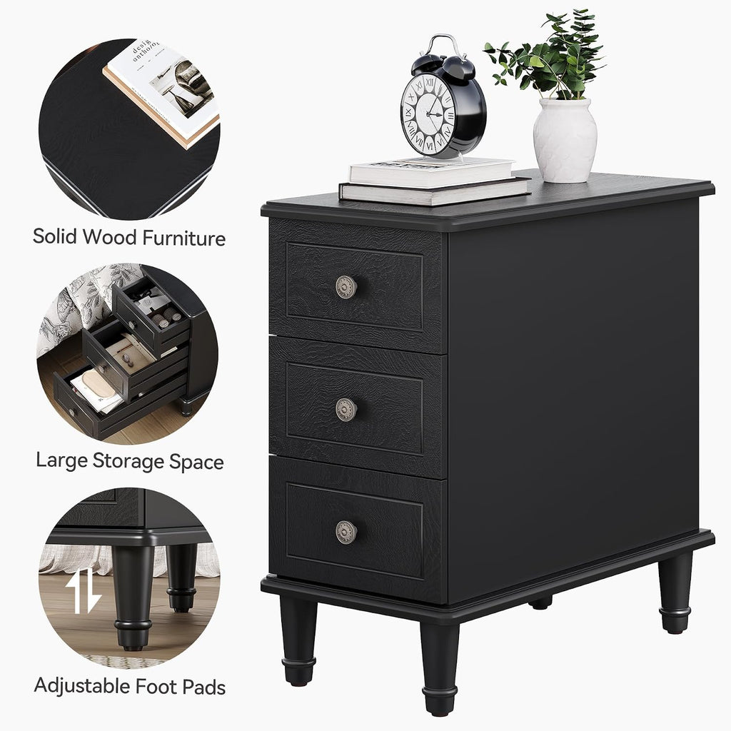 LITTLE TREE Fully Assembled End Table, Set of 2, Narrow Bedside Table with 3 Drawers, Vintage Nightstand for Small Spaces, Living Room, Bedroom, Black