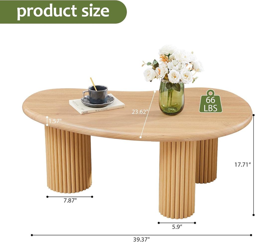 Fluted Coffee Table, 39'' Farmhouse Coffee Tables for Living Room, Low Wood Accent Center Table Small Tea Table with Sturdy Base & Rounded Corners for Small Space Home Office (Natural)