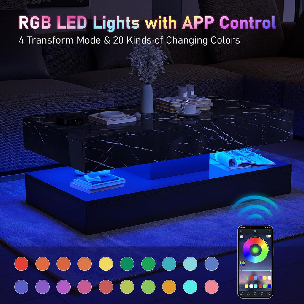 HOMFAMILIA LED Coffee Table with 2 Storage Drawers, Modern High Gloss Black Coffee Table w/20 Colors LED Lights, 2 Tiers Rectangle Center Table for Living Room with Marbling Print, APP Control, Black