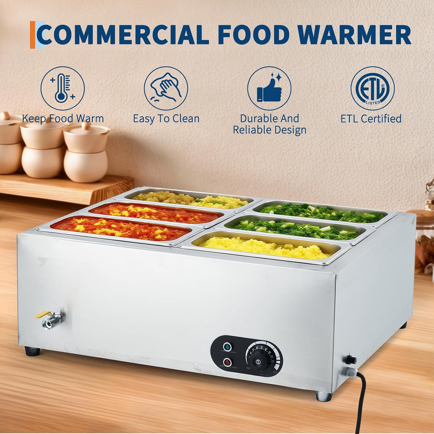 Commercial Food Warmer Stainless Steel with Lids, 1500W Electric Buffet Server Bain Marie, 6-Pan Catering Hot Food Station for Restaurants, Hotels, Banquets, and Commercial Kitchen Equipment