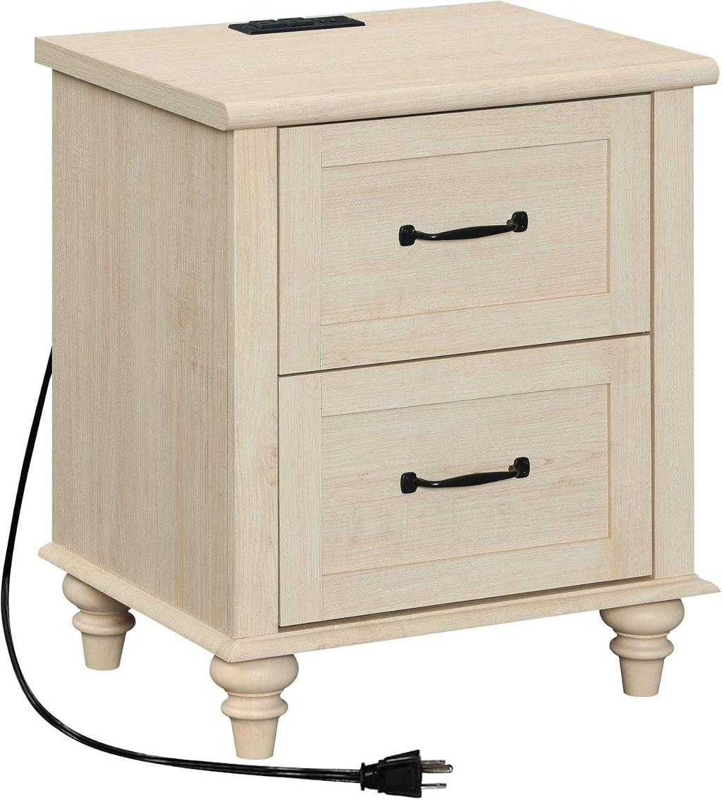 WAMPAT Beige Side Table Nightstand with Charging Station, Wooden End Table with 2 Drawers for Living Room, Mid Century Night Stand Modern Bedside Table for Bedroom, Kids Room