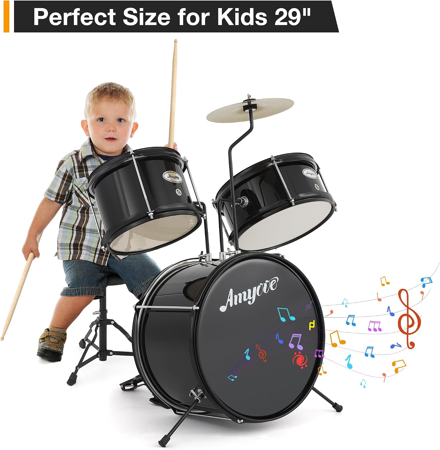 3-Piece Beginner Drum Set, Beginner Drum Set,with Bass Tom Snare Drum, 14 Inch Drum Kit with Snare, Cymbal, Drumsticks, Adjustable Seat (Metallic Black)