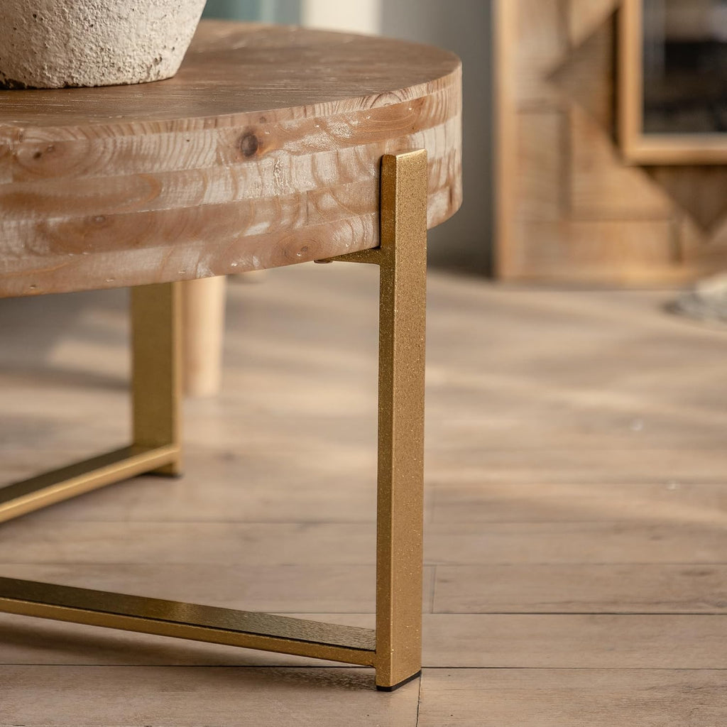 Wood Round Coffee Table, 31 Inch Farmhouse Rustic Fir Wooden Table Top Cross Metal Legs Circle Coffee Table for Living Room, Gold