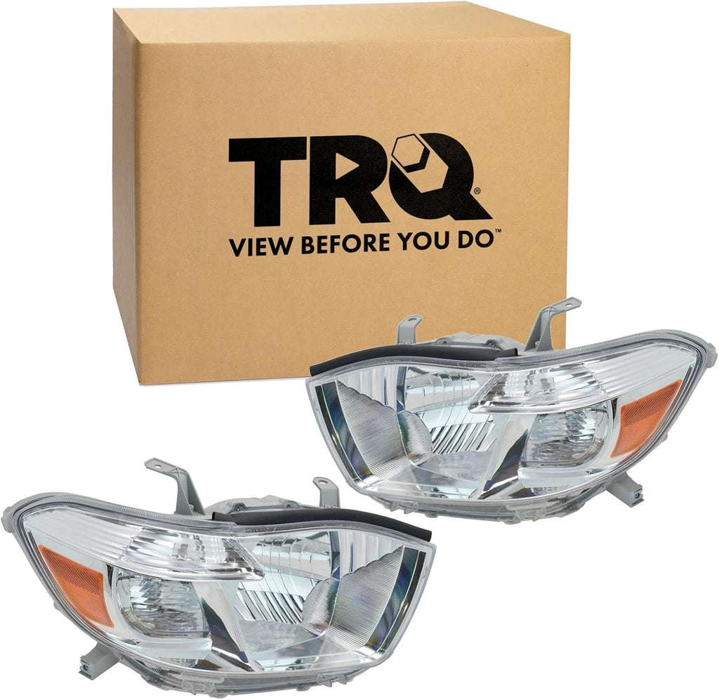 TRQ 2 Piece Headlight Assembly Set Chrome Bezel Driver & Passenger Side Compatible with Toyota Highlander 2008-2010 TO2502176 TO2503176 8113048460 8113048470 8117048460