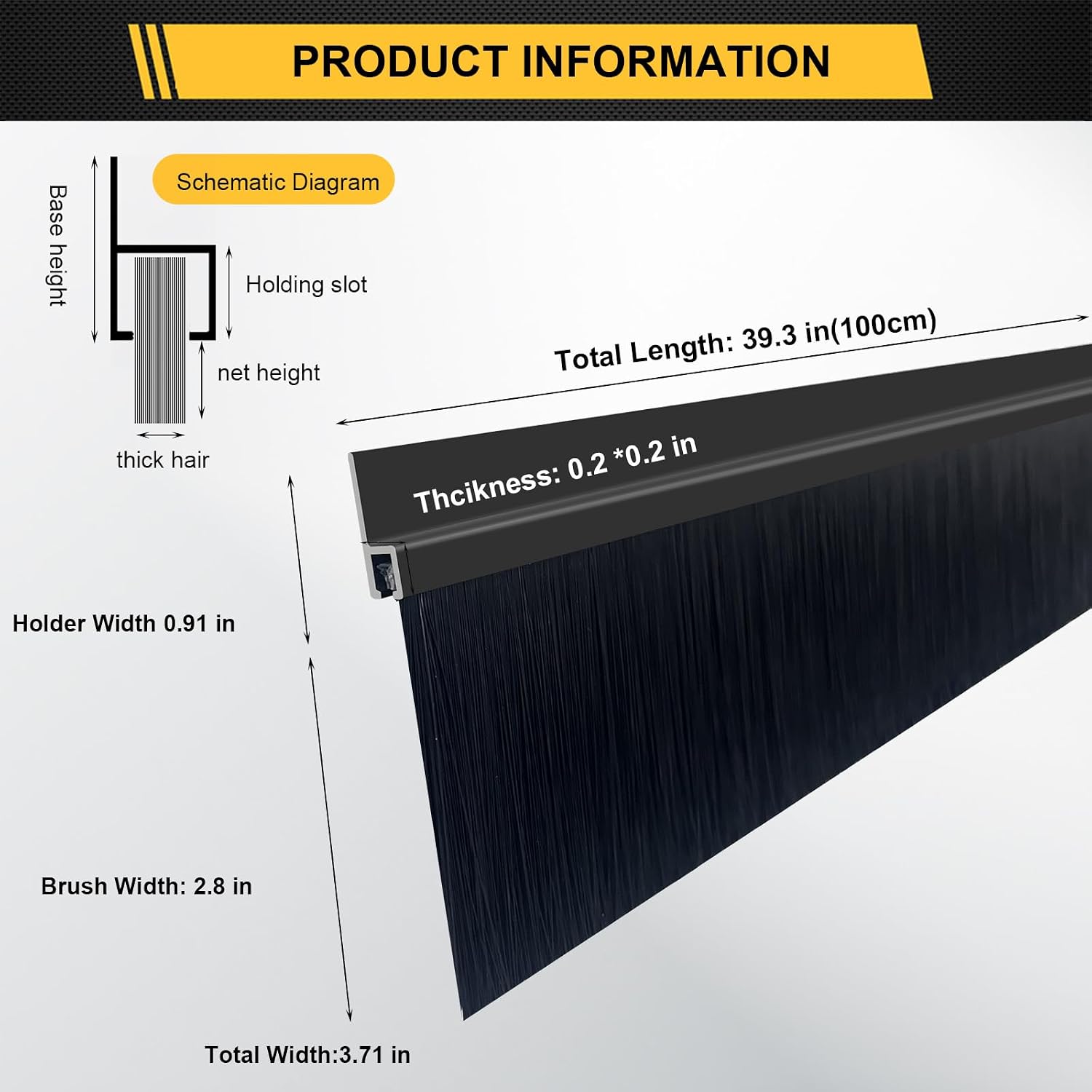 11-Pack Garage Door Brush Seal – Cepia Black Bottom Sweep – Roll-Up Door Stripping, 2.80' Wide x 39.3' Long, Aluminum Alloy Base, Ideal for Exterior Doors and Industrial Use (433 in / 1100 cm)