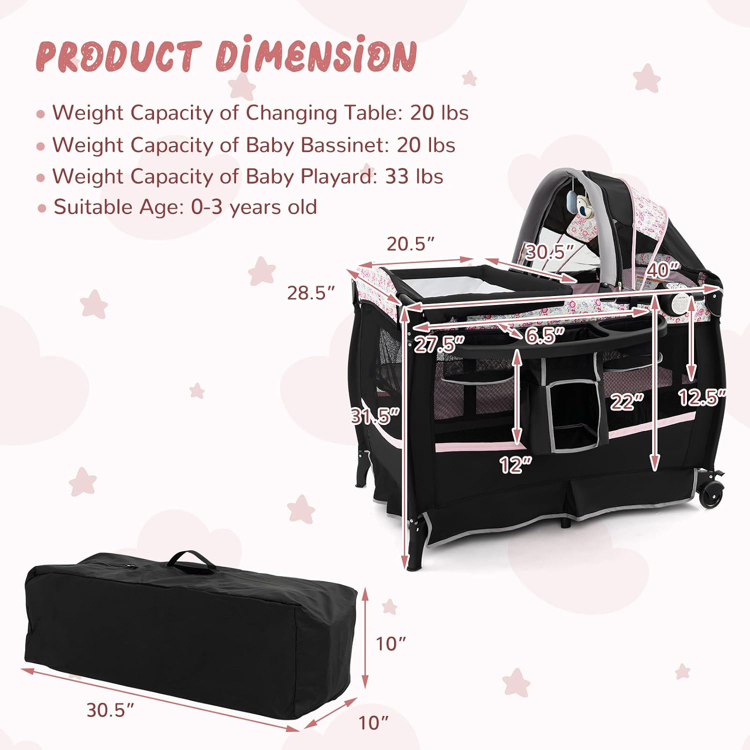 HONEY JOY Pack and Play, 4 in 1 Portable Baby Crib Playpen w/Bassinet, Changing Table, Canopy, Mattress, Music Box, Storage Bag, Foldable Pack and Play for Infant Boys Girls