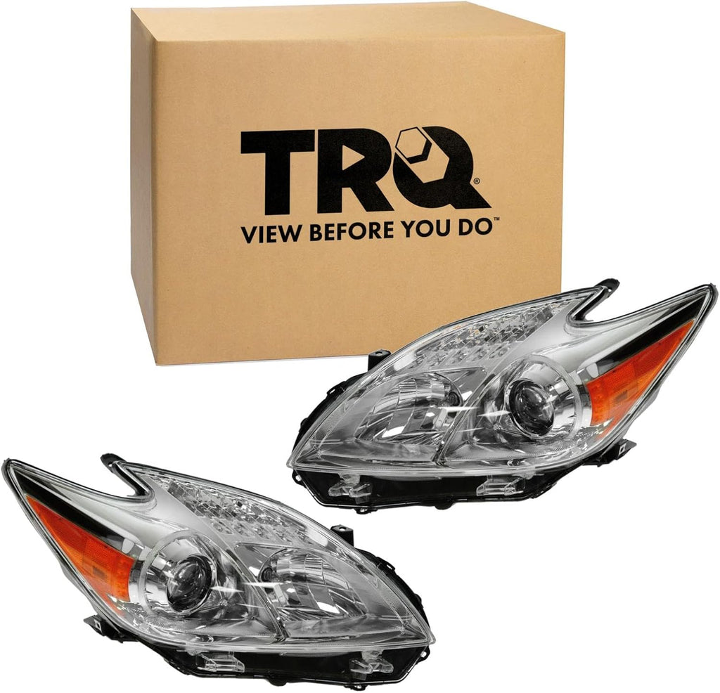 TRQ Driver and Passenger Side Headlight Assembly Set Compatible with 12-15 Toyota Prius Halogen Only