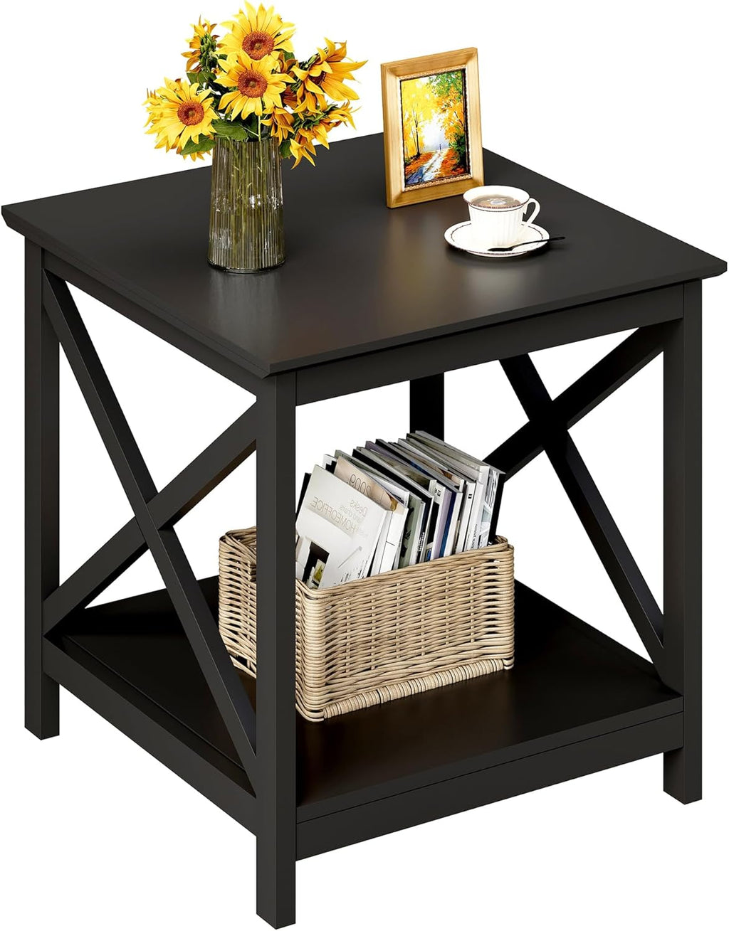 ChooChoo End Tables Set of 2, 24 Inch End Table with 2-Tier Storage Shelf, Side Table for Living Room, Wood Nightstand for Bedroom, Office, Painted Surface, Black