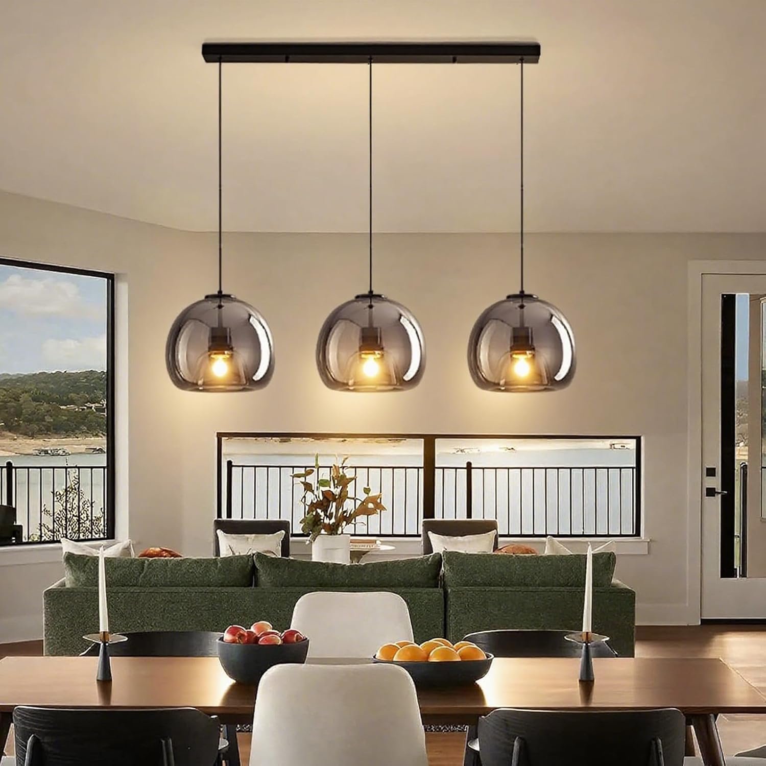 MIXL-Modern Globe Pendant Light 3-Lights Hanging Light with Smoke Gray Glass Lampshade, Height Adjustable Dining Room Lighting, Glass Pendant Lamp, Farmhouse Hanging Lamp for Kitchen Island