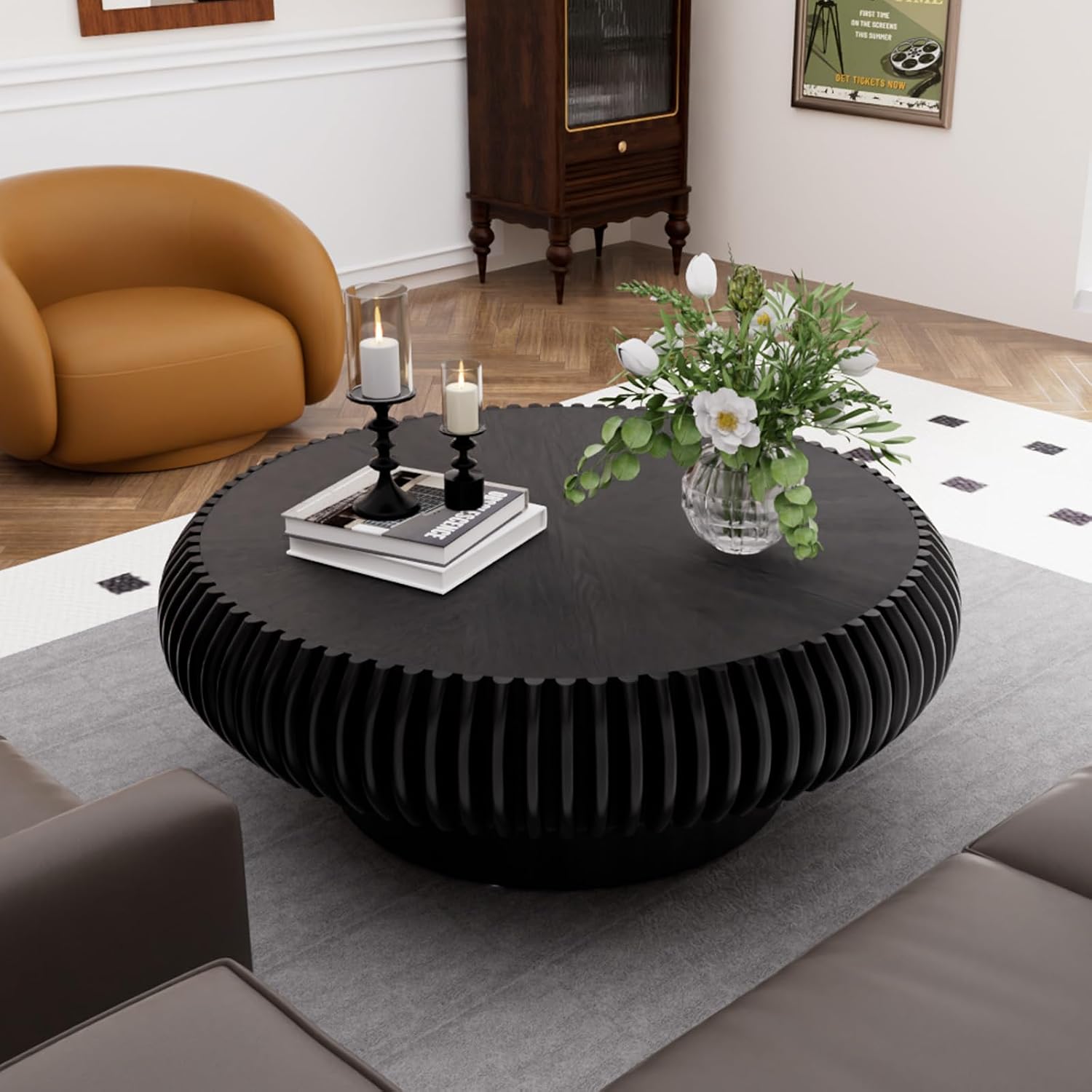 Round Drum Coffee Table for Living Room, Mid Century Modern Coffee Table with Sturdy Pedestal, Farmhouse Fluted Circle Center Table Accent Tea Table for Apartment (31.5' Black)