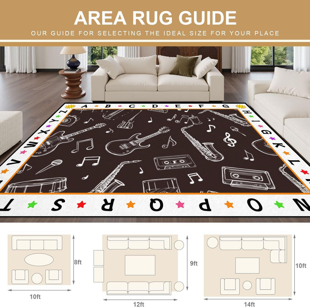 10x14 Kids Learning Rug Washable Area Rugs Seamless Musical Instruments Doodle Style Alphabet ABC Learning Carpet Soft Rubber Backed Non-Slip Carpets for Classroom Preschool Nursery