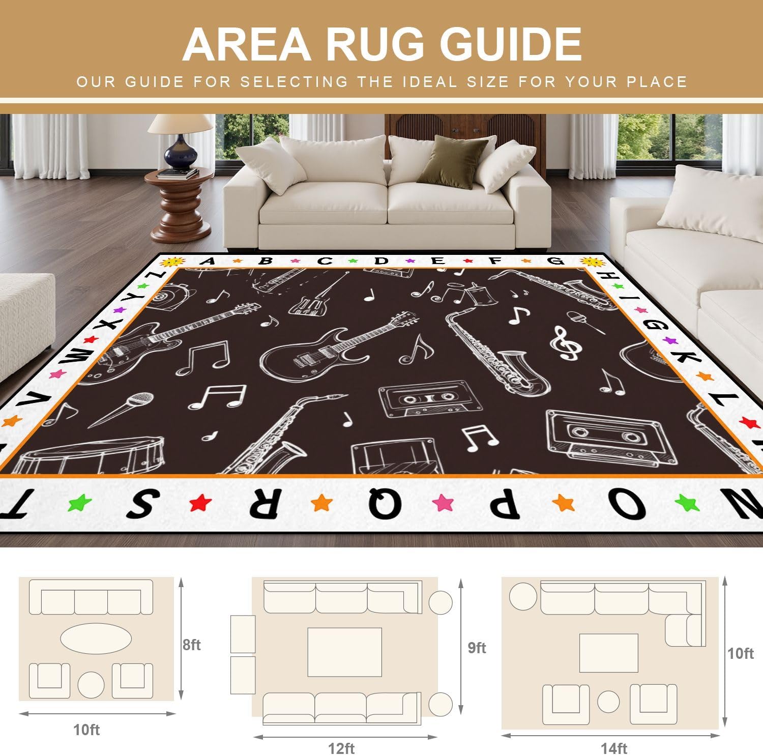 9x12 Kids Learning Rug Washable Area Rugs Seamless Musical Instruments Doodle Style Alphabet ABC Learning Carpet Soft Rubber Backed Non-Slip Carpets for Classroom Preschool Nursery