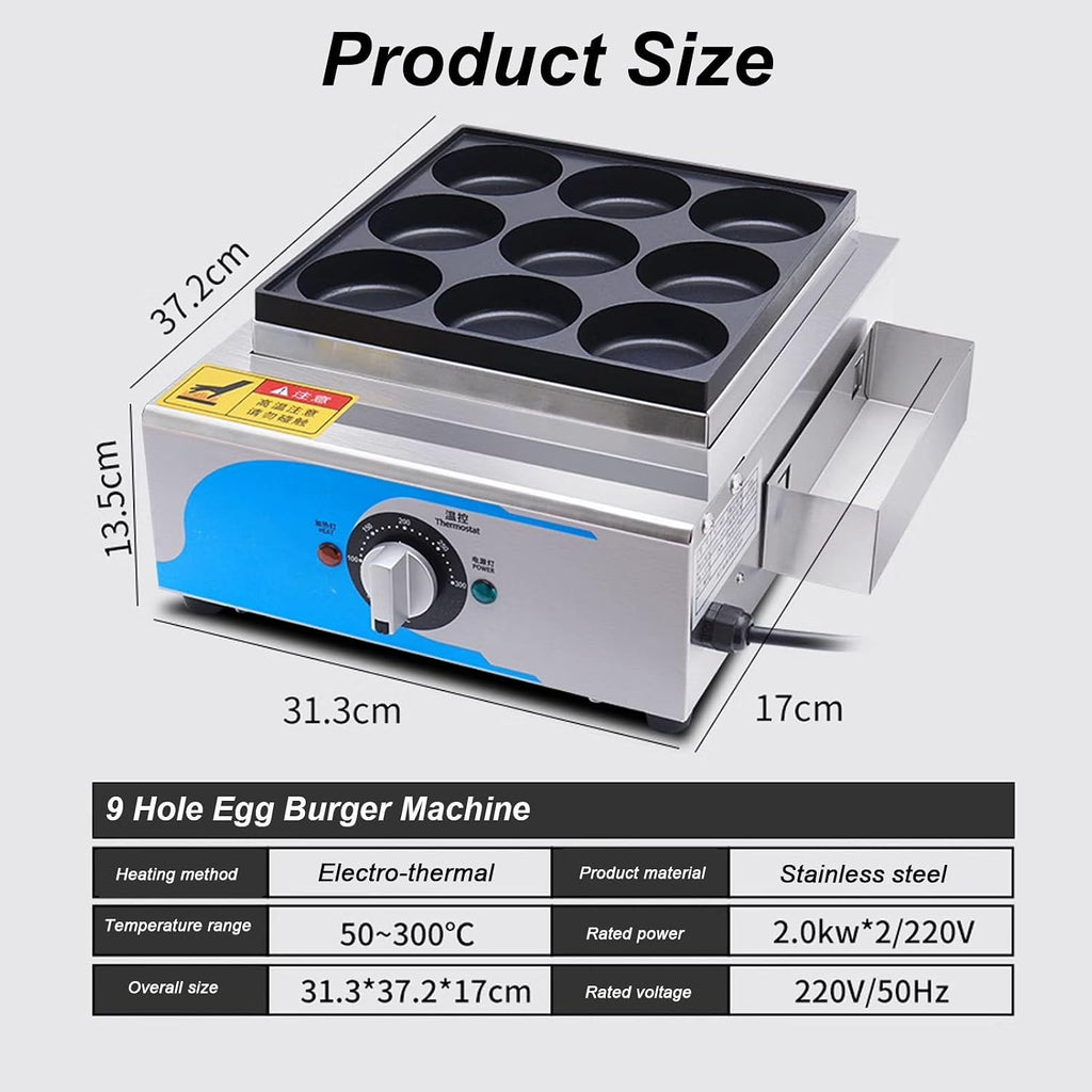 Commercial Electric Heating Red Bean Cake Machine, 9 Holes Egg Pancake Frying Pan, 50-300℃ Safe Temperature Control Rapid Heating, Red Bean Cake Machine