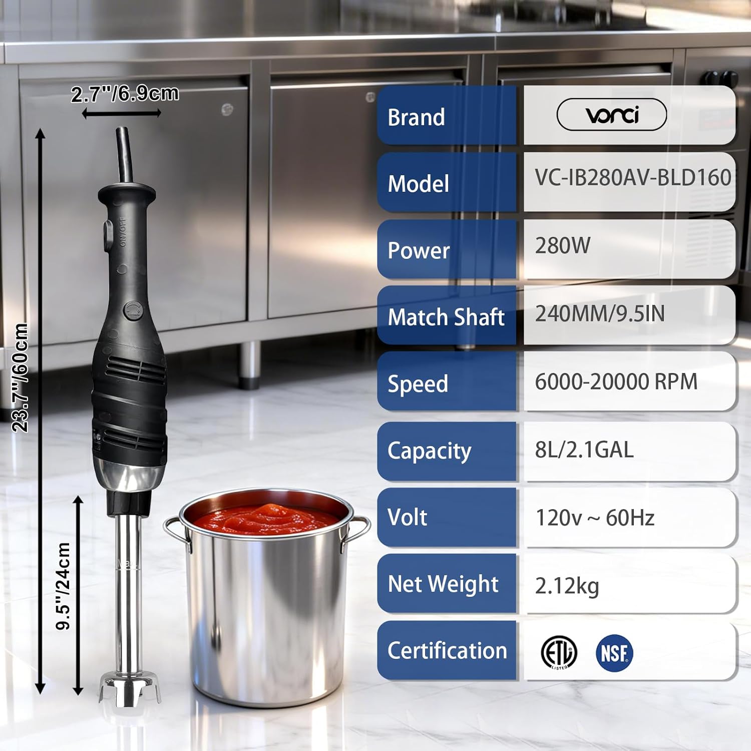 VONCI 280W Commercial Immersion Blender, Light Duty Hand Blender with Variable Speed 6000-20000RPM, Handheld Stick Mixer with 9.5' Detachable Shaft, Professional Blender for Restaurant Kitchen.