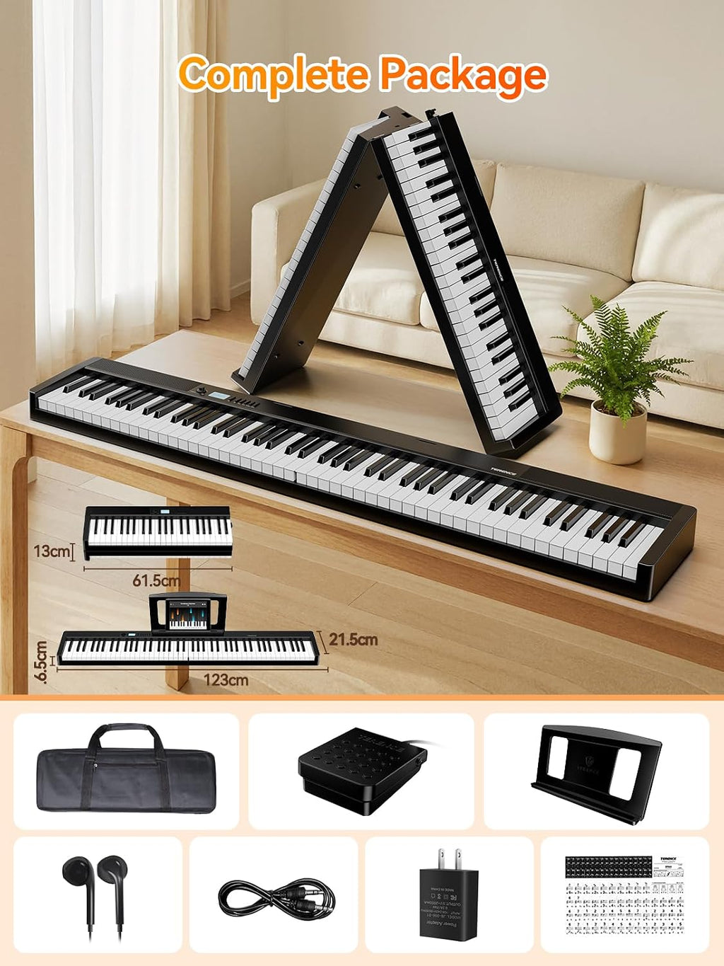 TERENCE V30 Portable Digital Piano 88 Key Weighted Keyboard Built-In 1800mAh Rechargeable Battery,Foldable Piano Keyboard with 2X5W Speakers,Music Stand,Sustain Pedal and Headphone for Beginners,Black