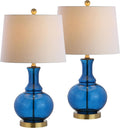JONATHAN Y 25' Cobalt Blue/Brass Gold and Brass Gold Glass Table Lamp Set of 2 for Bedroom, Modern Bedside Lamp for Living Room Nightstand, White Linen Drum Shade, LED Bulb Included (JYL1068C-SET2)