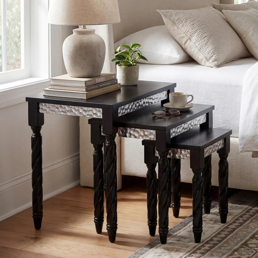 Hyfirm Black Nesting Tables Set of 3 - Mid Century Modern Accent End Tables with Durable Veneered Top, Spiral Wood Legs & Hexagonal Silver Apron, Ideal for Living Room, Bedroom & Small Apartments
