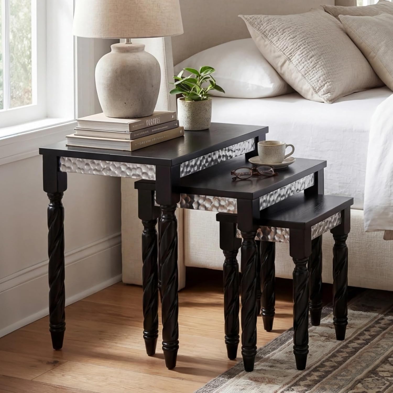Hyfirm Black Nesting Tables Set of 3 - Mid Century Modern Accent End Tables with Durable Veneered Top, Spiral Wood Legs & Hexagonal Silver Apron, Ideal for Living Room, Bedroom & Small Apartments