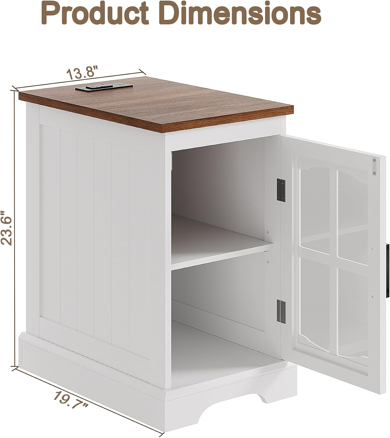 ChooChoo Farmhouse End Table Set of 2 with Charging Station, Nightstand with Adjustable Shelf and Glass Door, White Side Table for Living Room, Bedroom