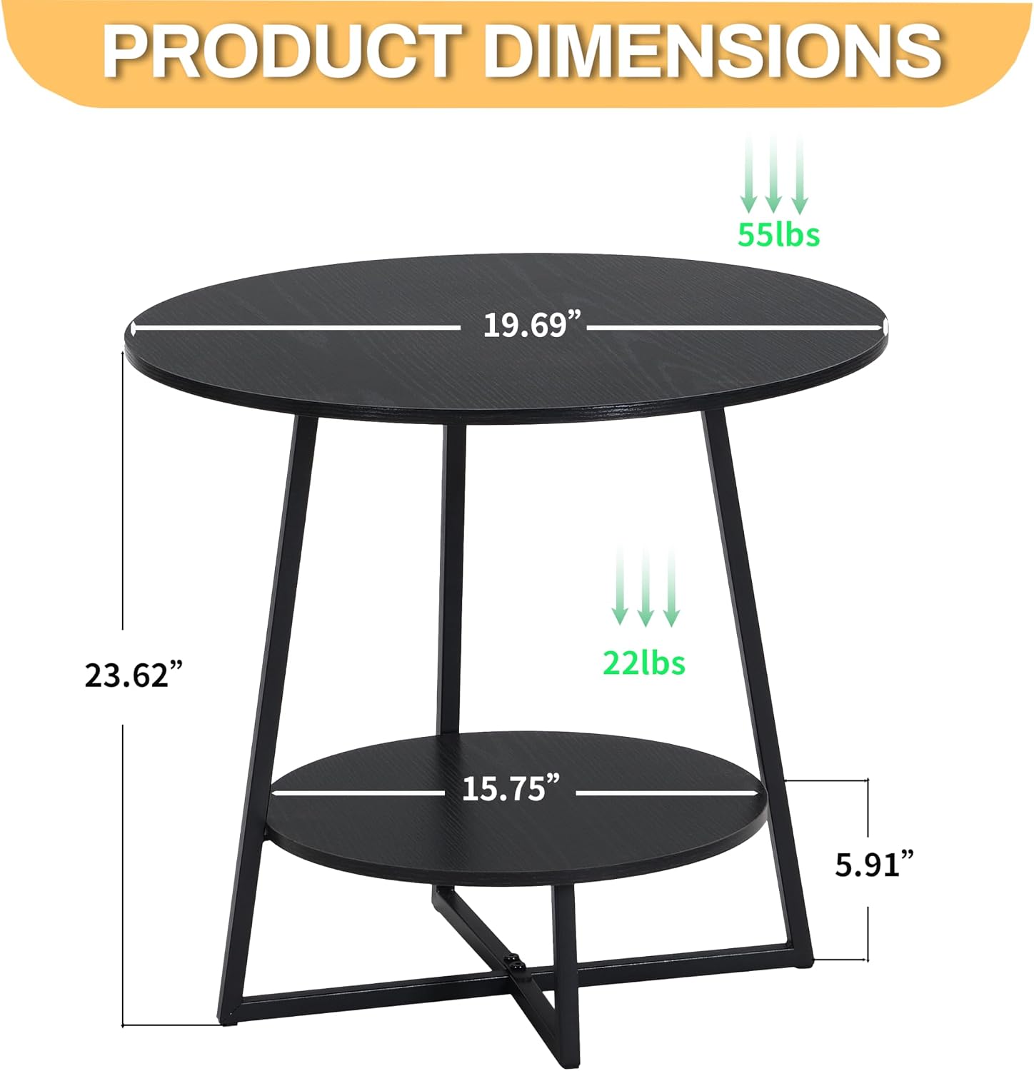 D&H FURNIMMT 20' Living Room Side Table Set of 2 for Small Spaces, 2 Tier Wood Top Round End Tables with Storage Shelf, Accent Sofa Table for Bedroom, Office, Sunroom, Balcony, Black
