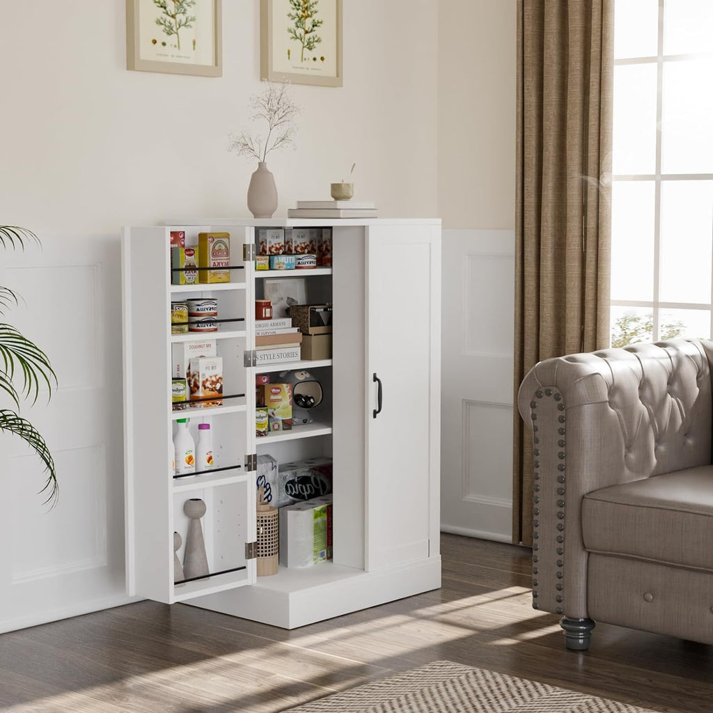 VINGLI 40 Inch White Pantry Cabinet with Doors, Small Kitchen Pantry Storage Cabinet Freestanding, Food Pantry Cabinet with Adjustable Shelves & Door Storage for Kitchen Dining Room Living Room