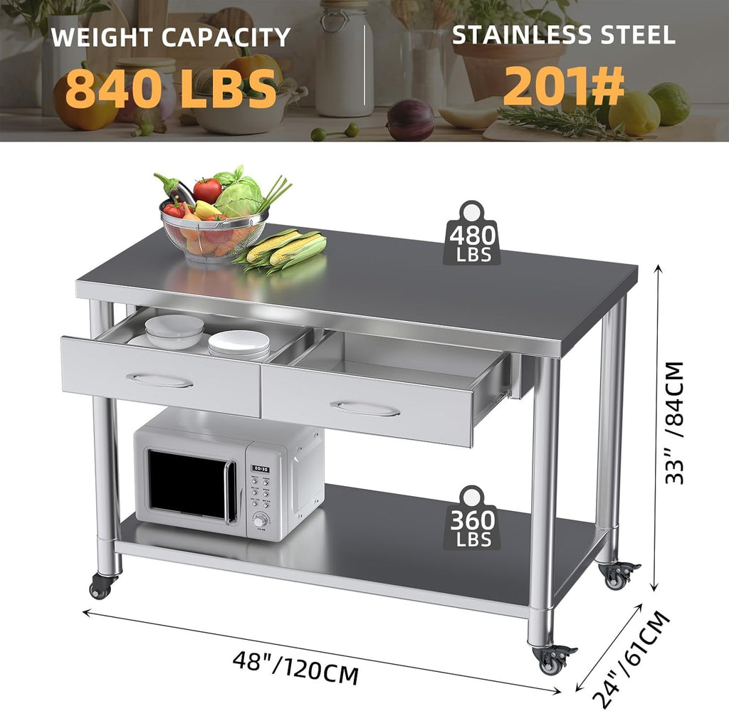 Stainless Steel Work Table with Drawers, 48'x24' Prep Table for Commercial Kitchen, Heavy-Duty Workbench Worktable Rolling Kictchen Island with Wheels for Home Kitchen and Restaurant
