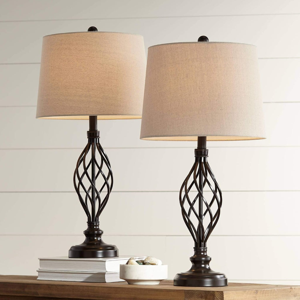 Franklin Iron Works Annie Modern Industrial 3-Way Table Lamps 28' Tall Set of 2 with Dimmers Bronze Iron Cream Tapered Drum Shade for Bedroom Living Room House Home Bedside Nightstand Office