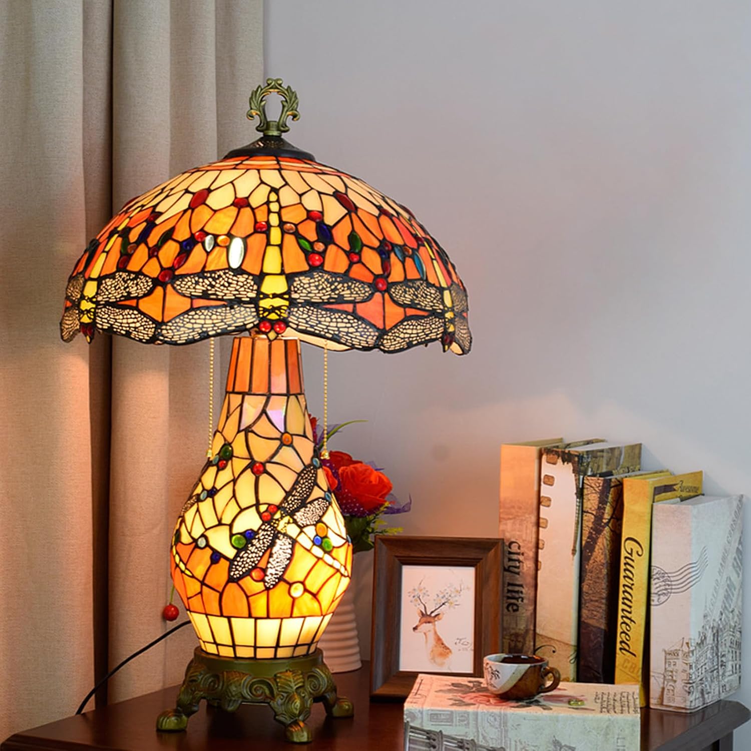 W16H9 Inch Tiffany Lamp Shade Replacement, Stained glass Dragonfly style Lampshades, Only Handmade Retro lampshade Replacement for Table Lamp Pendant Light Floor Lamp Ceiling Fixture,Orange