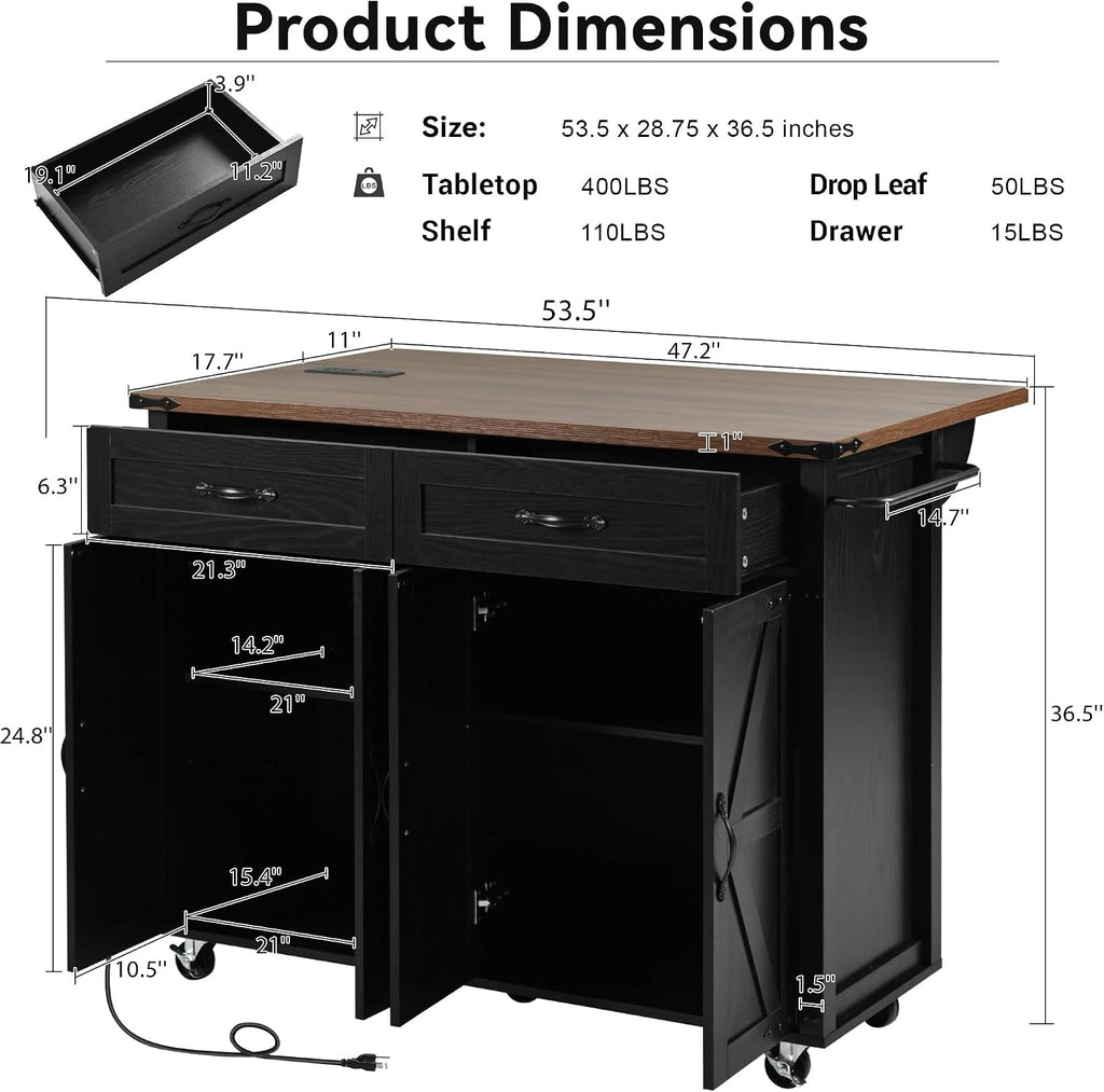 53.5'' Farmhouse Mobile Kitchen Island with Power Outlet, Drop Leaf, Spice Rack and Drawer - Rolling Kitchen Cart with Ample Storage, Rustic Storage Islands Table for Home and Dining Room