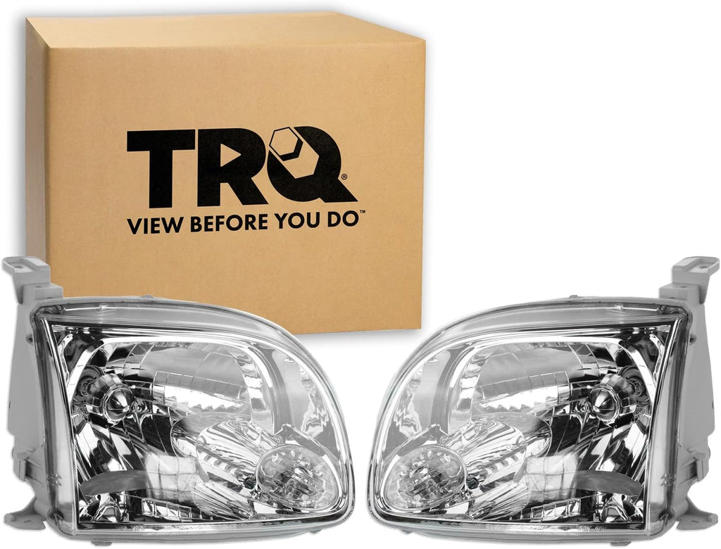TRQ Driver and Passenger Side Headlight Assembly Set Chrome Bezel Compatible with 05-06 Toyota Tundra Extended Cab 05-06 Tundra Regular Cab