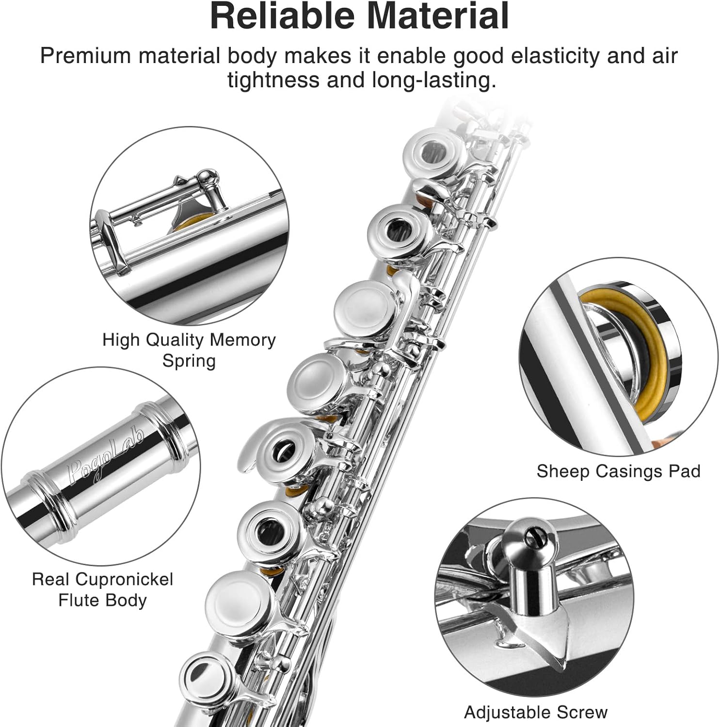 POGOLAB Open Hole C Flute, 16 Keys Student Flute Instrument for Beginner Advanced Player, with Carry Bag, Strap, Gloves, Adjustment Screwdriver, Cleaning Kit (Open/Closed Hole, Silver Plated)