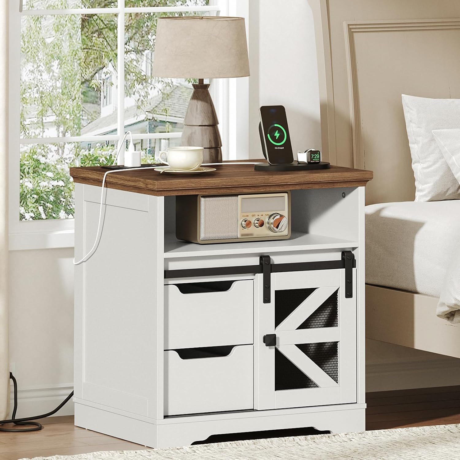 RALGEND Farmhouse End Table with Charging Station, Sofa Side Table with 2 Drawers and Barn Door, Rustic Wooden Nightstand Bedside Table for Bedroom, Living Room,White and Walnut