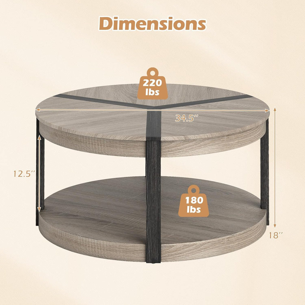 Giantex Round Coffee Table, 34.5' Mid Century Modern Circle Cocktail Accent Table with Open Storage Shelf & Rubber Wood Frame, 2 Tier Center Table for Living Room Reception Room, Grey Oak