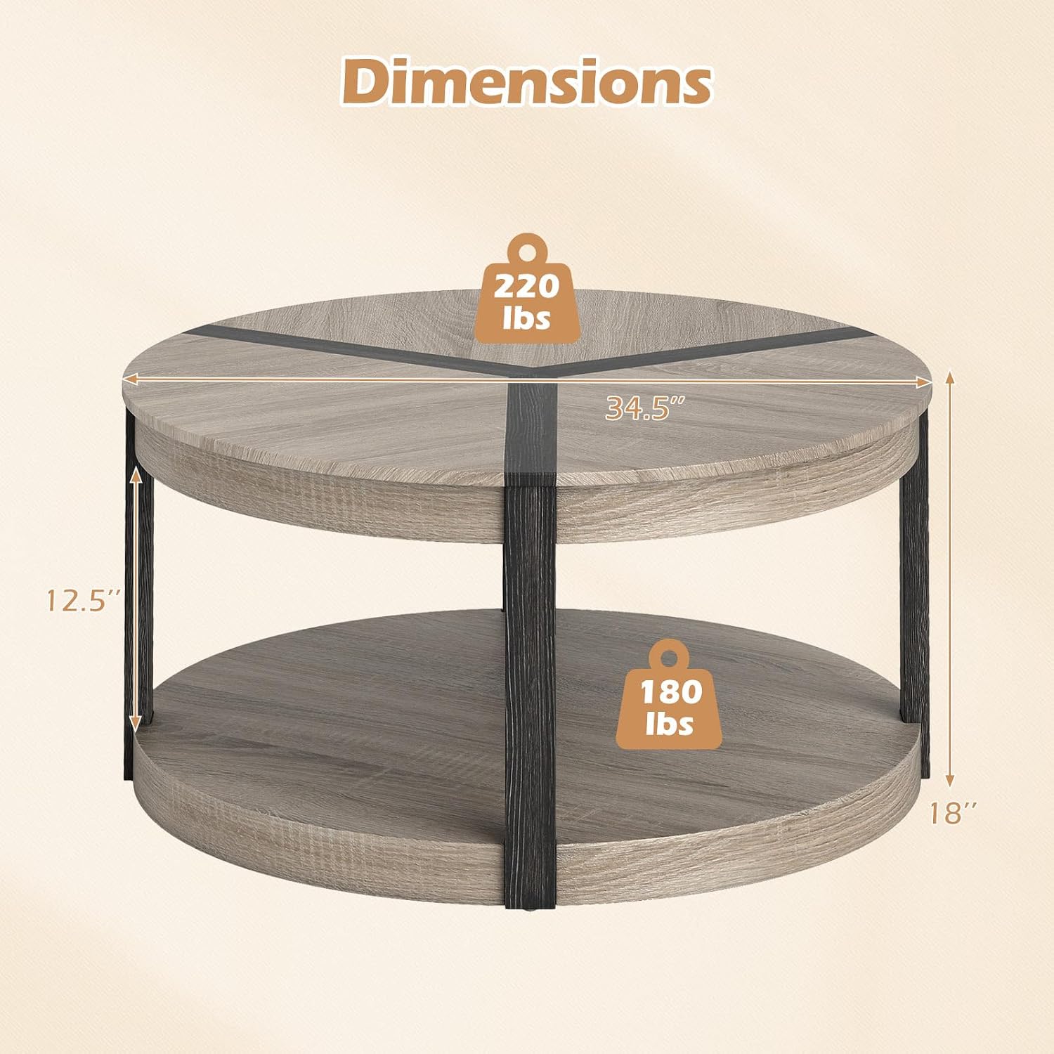 Giantex Round Coffee Table, 34.5' Mid Century Modern Circle Cocktail Accent Table with Open Storage Shelf & Rubber Wood Frame, 2 Tier Center Table for Living Room Reception Room, Grey Oak