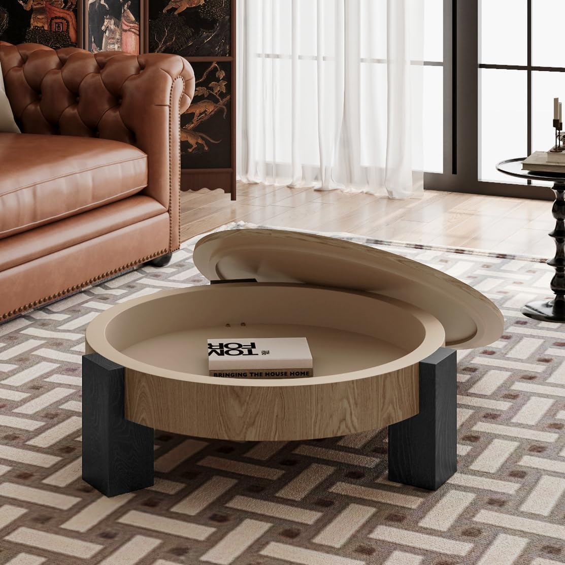 33'' Round Coffee Table with Hidden Storage, Modern Wood Veneer Top, 3 Block Legs Sturdy Center Accent Table for Living Room, Small Space, Natural Wood & Black