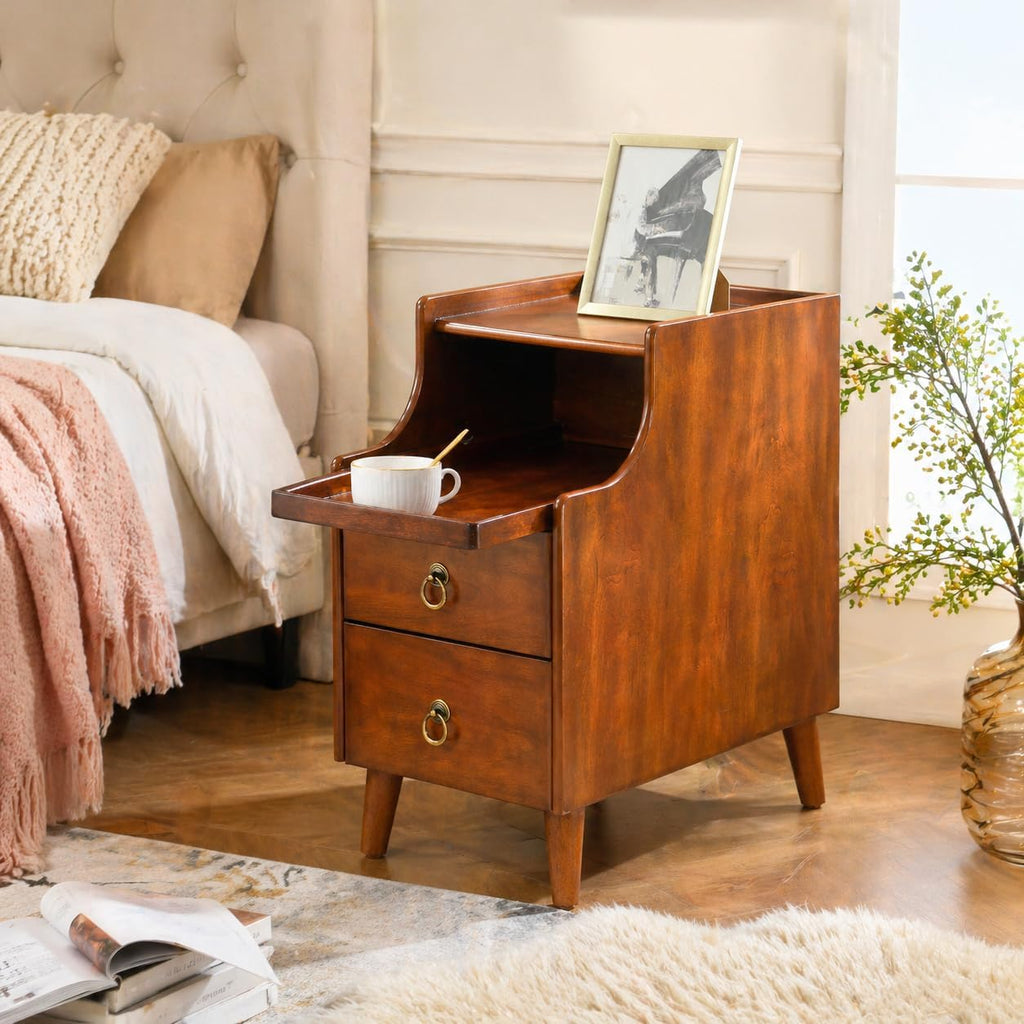 Storage Side End Table with 2 Drawers and Pull-Out Shelf, Small Sofa Side Table for Living Room, No-Tools Assembly, Solid Wood Narrow Beside Tables, 11.8'W x 21.6'L x 22.9'H, Brown, BG-A1359-MG