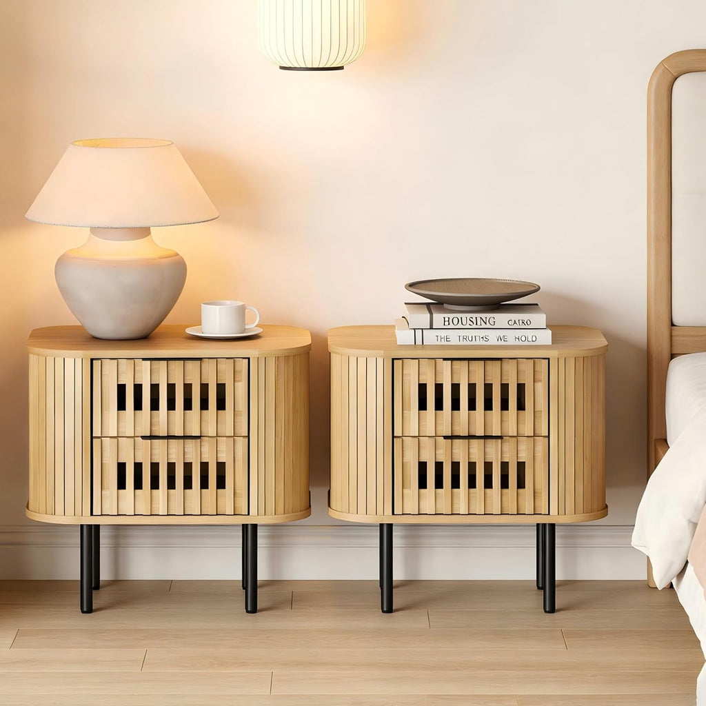 WAMPAT Set of 2 Fluted Nightstands, Modern Wooden End Tables with Drawer, Storage Bedside Table for Bedroom and Living Room, Oak