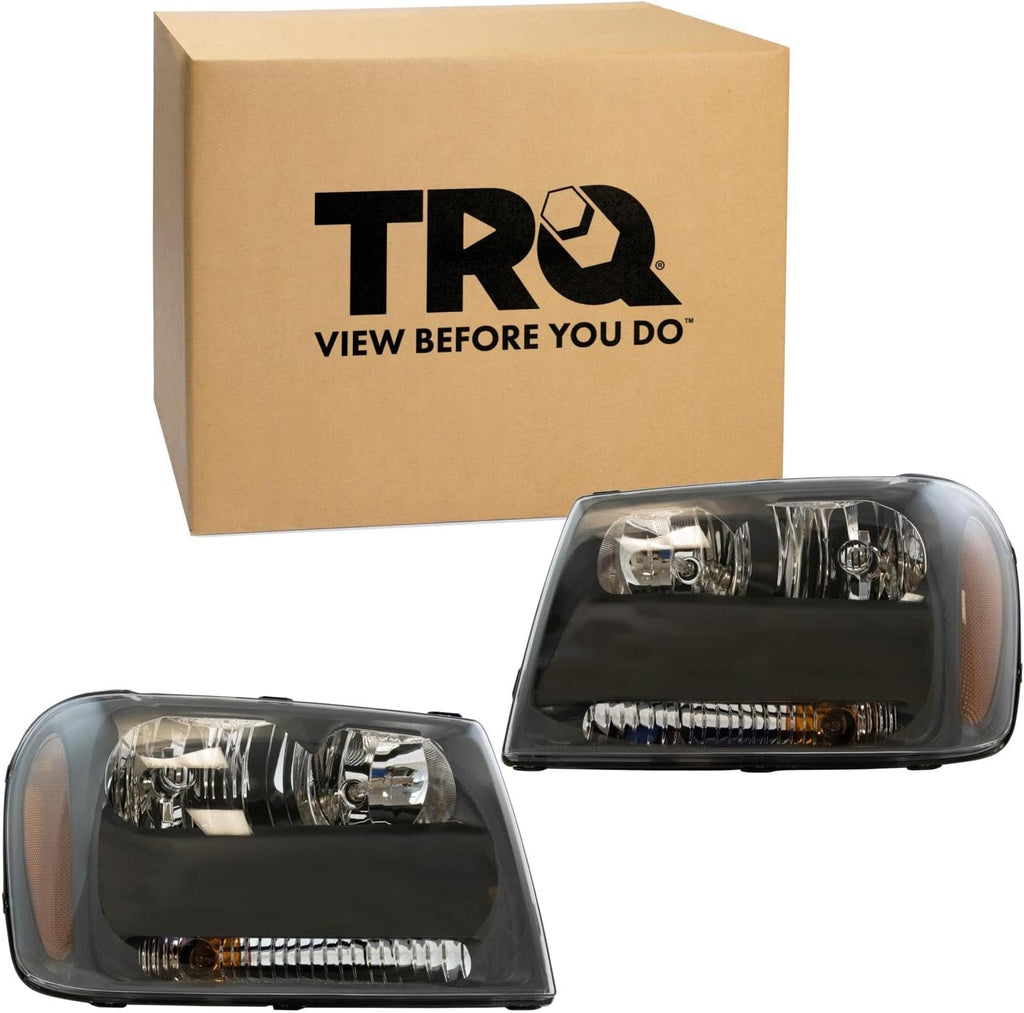 TRQ Driver and Passenger Side Headlight Assembly Set Compatible with 2006–2009 Chevrolet Trailblazer without Full Width Grille Bar 2006 Chevrolet Trailblazer EXT without Full Width Grille Bar