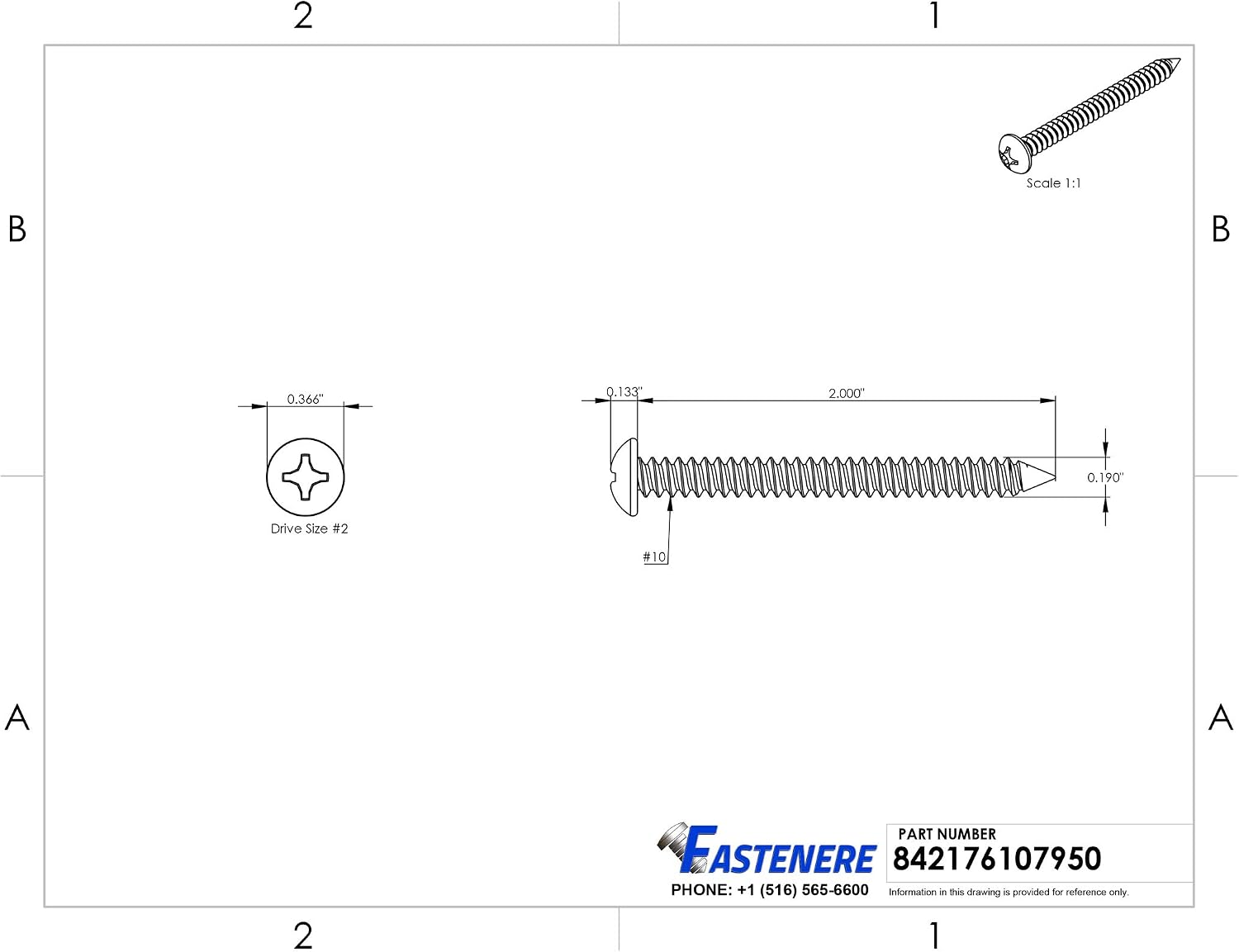 #10 x 2 Pan Head Sheet Metal Screws, Stainless Steel 18-8, Full Thread, Bright Finish, Self-Tapping, Quantity 1000 By Fastenere