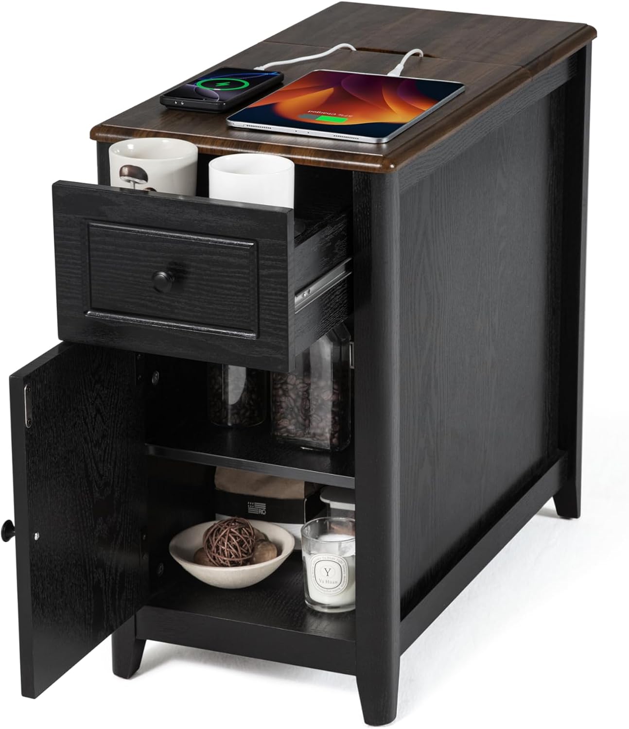 Farmhouse End Table with Charging Station, USB-C, Narrow Side Table with Storage Cabinet and Deep Drawer, Small Nightstand with Hidden USB Ports and Outlets for Living Room, Bedroom, Office,Black