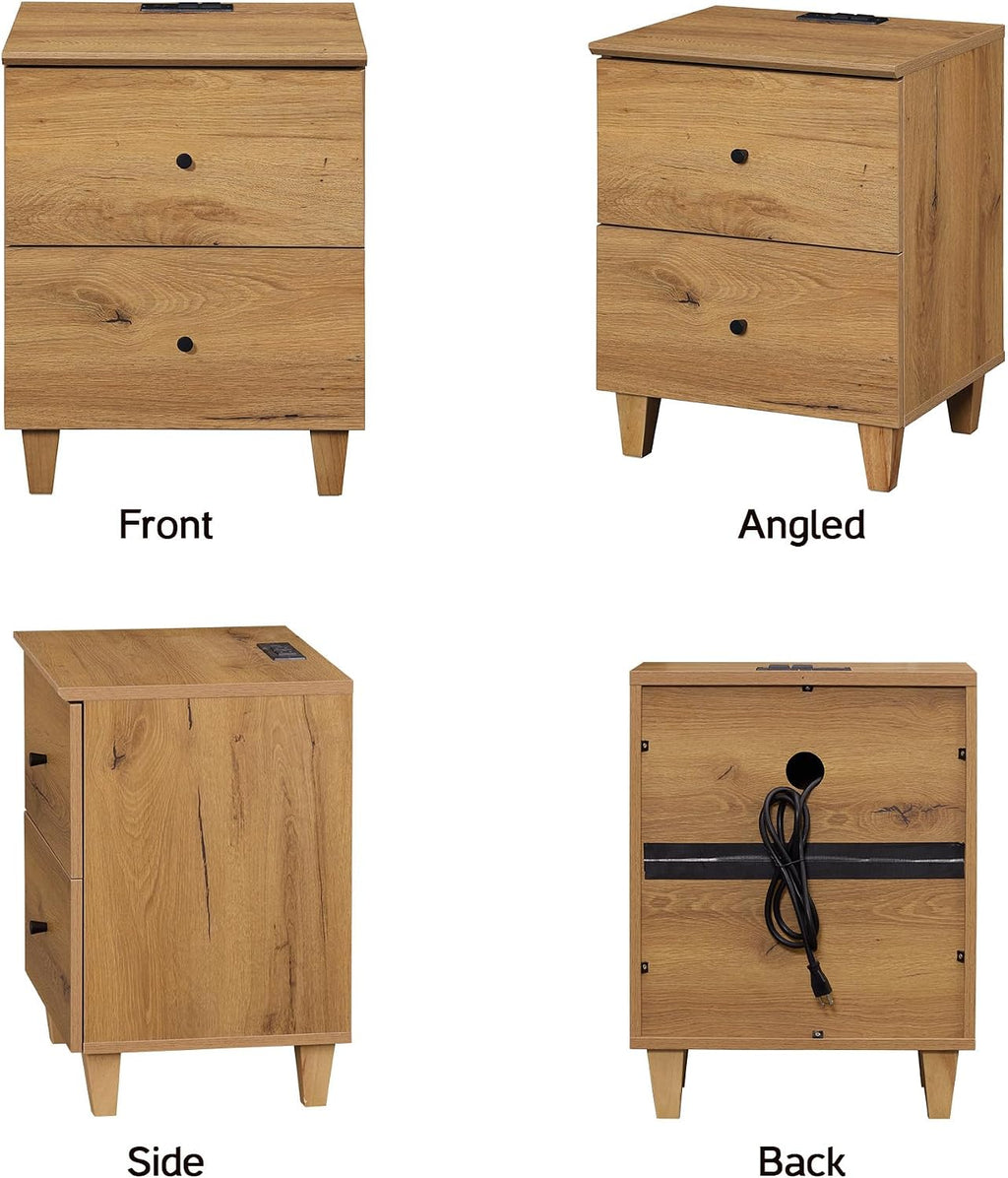 WAMPAT Nightstands with Charging Station & 2 Drawers for Bedroom, Modern End Tables Farmhouse Wood Bedside Table with 2 AC Outlets & USB Ports for Living Room, Oak Brown