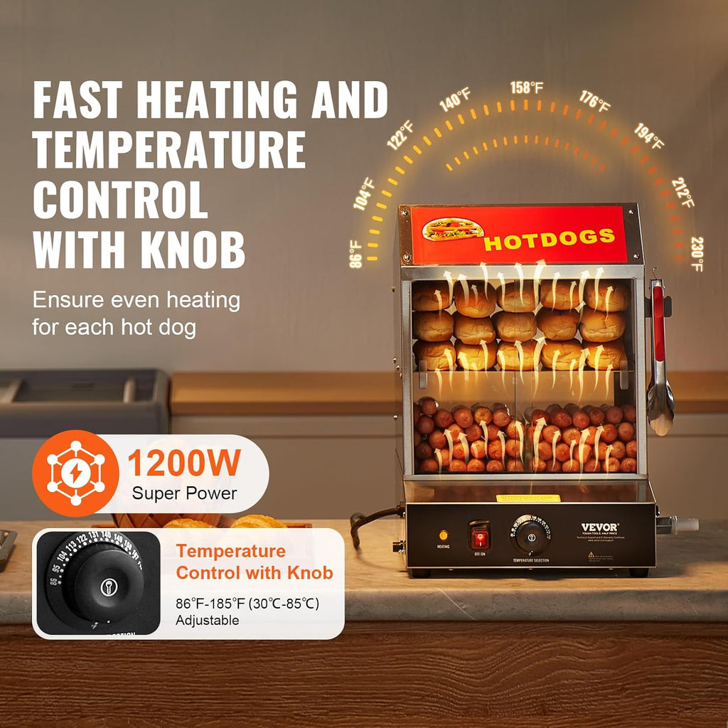 VEVOR Hot Dog Steamer, 28.5QT, 2-Tier Hot Dog Hut Steamer, 86℉~185℉ Temperature Control, Electric Bun Warmer with Tempered Glass Slide Doors Partition Plate Tong, Stainless Steel, for Hot Dogs & Buns