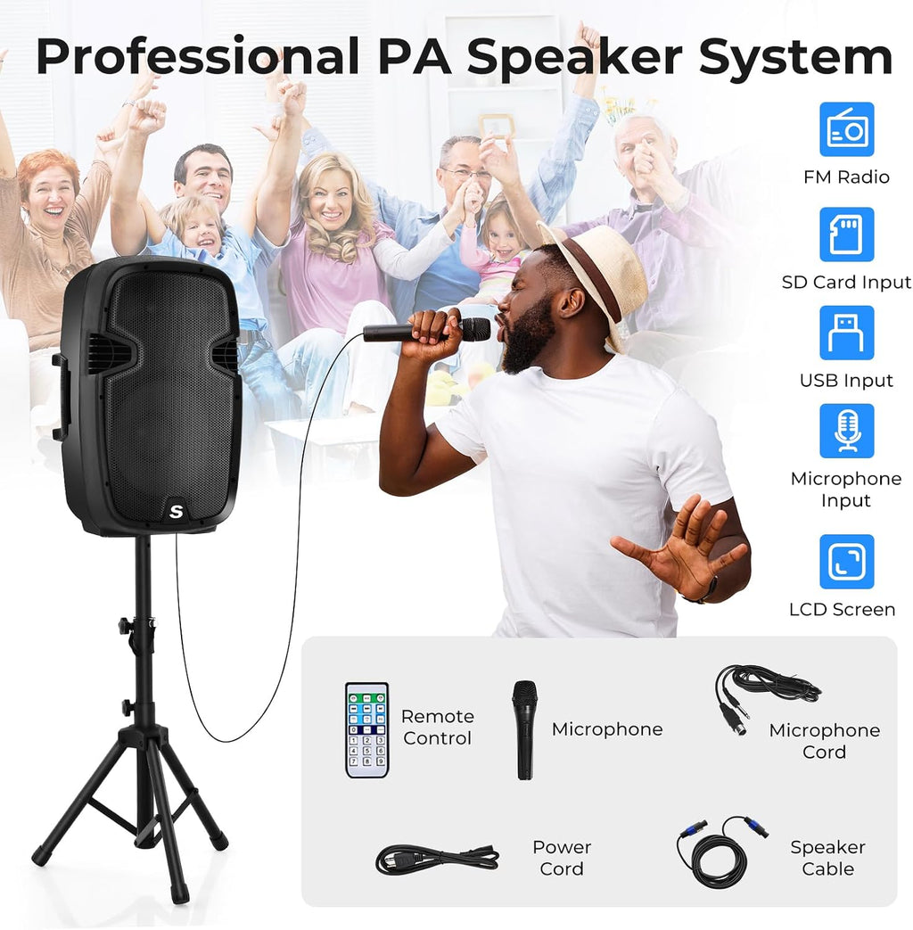 Costzon 2-Way Powered PA Speakers System Combo Set, 12' 2000W Portable Dual Passive Active Speaker with Stands, Bluetooth, TWS, USB/SD Card, AUX MP3 FM Radio, Microphone, Remote Control (12')
