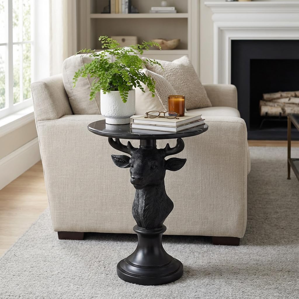 Sculptural Deer Head Side Table, Artistic Animal End Table with Faux Marble Top, Modern Accent Table for Living Room Bedroom, Unique Home Decor Gift for Housewarming, 19.69' W x 25.59' H