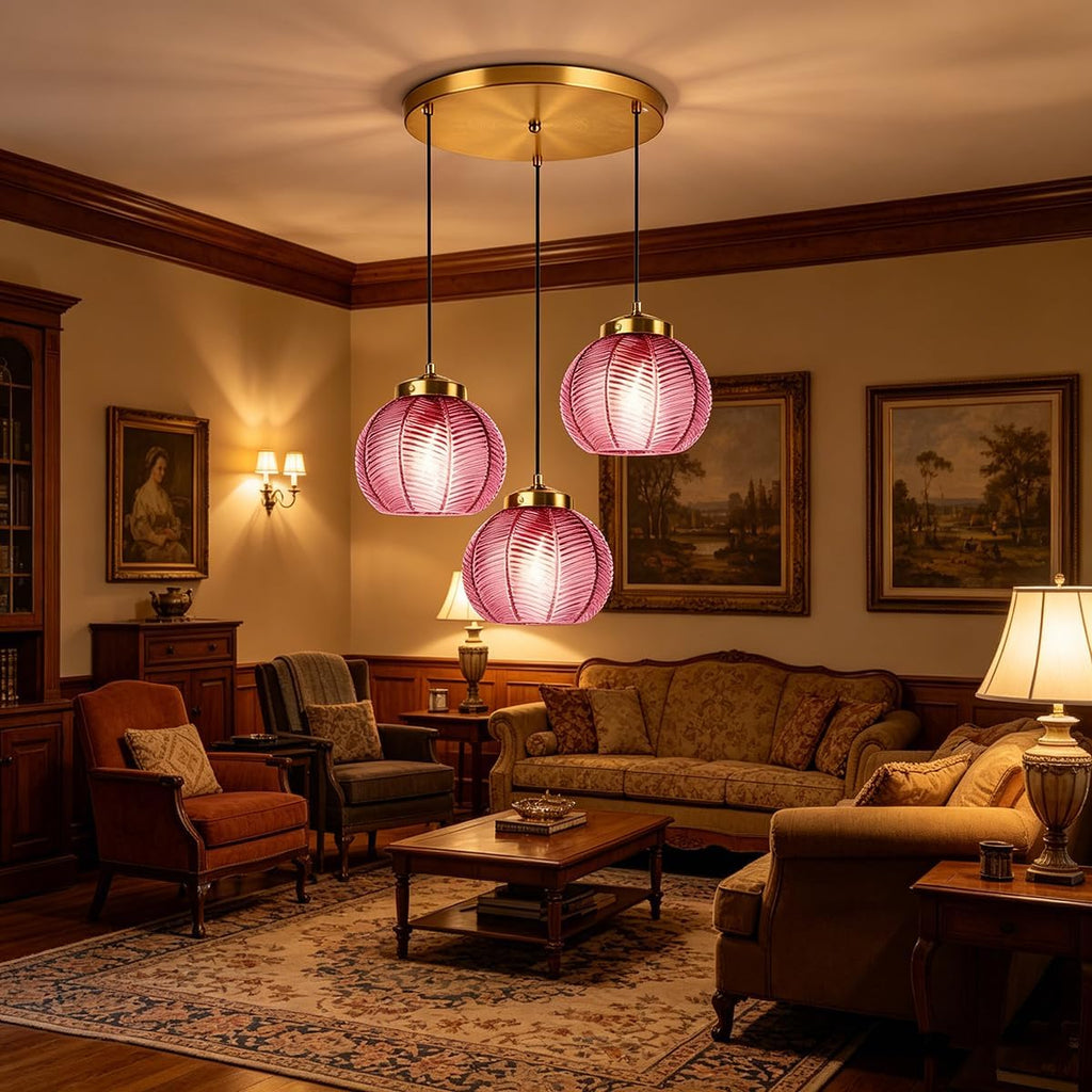 3-Light Purple Glass Pendant Lights - 8.7″ Globe Shade, Hand Blown Glass Hanging Chandelier Cluster Pendant Light Fixtures Adjustable Mid Century Chandeliers Kitchen Island Staircase