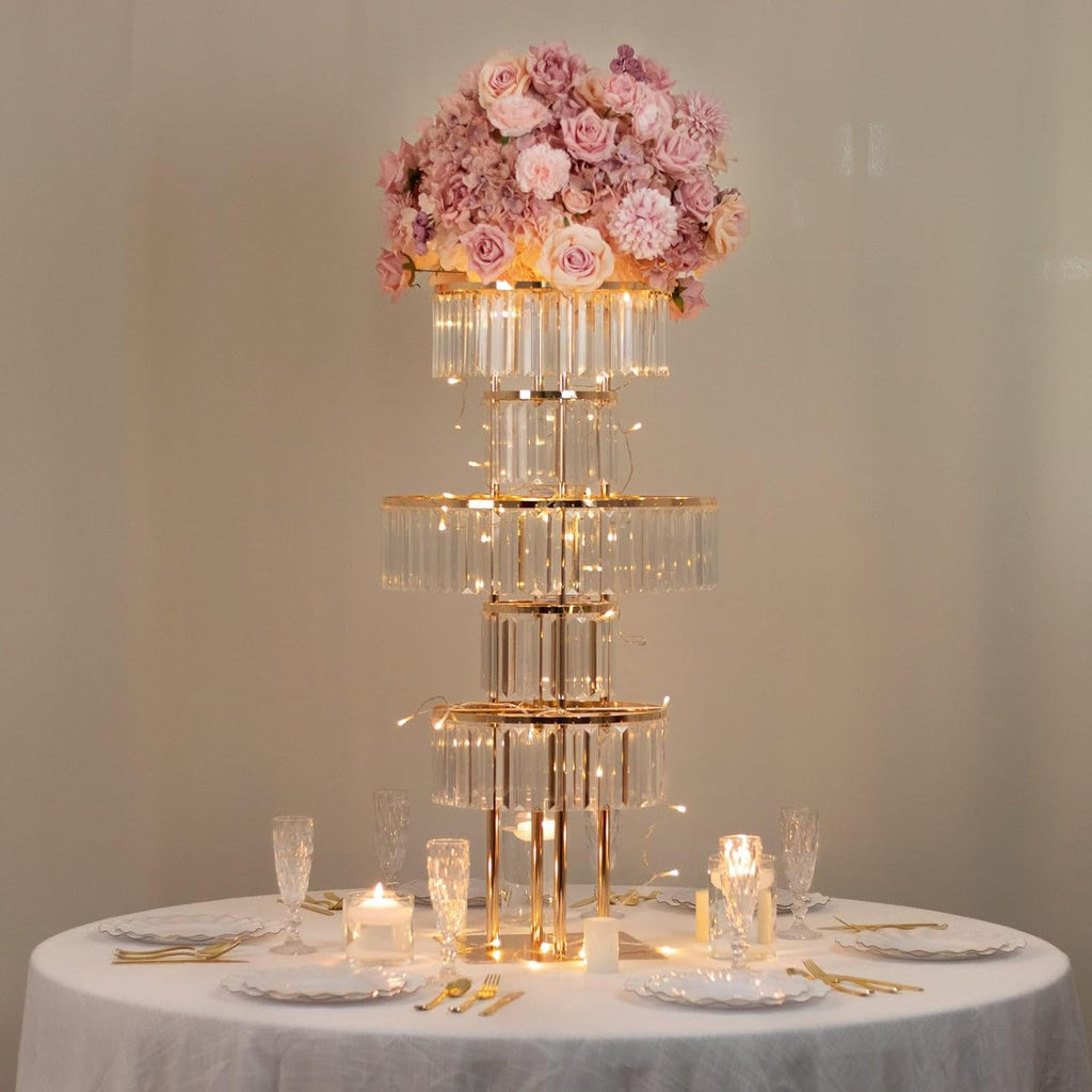 Efavormart 5-Tier Crystal Pendant Table Centerpiece Chandelier, Round Gold Metal Flower Stand – 40' Tall Wedding Pedestal Vase