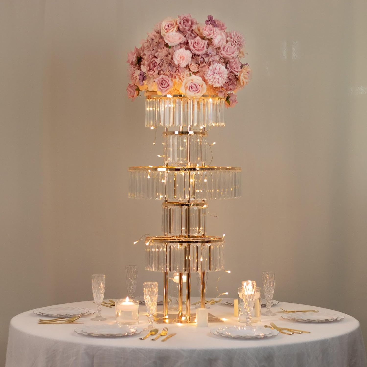 Efavormart 5-Tier Crystal Pendant Table Centerpiece Chandelier, Round Gold Metal Flower Stand – 40' Tall Wedding Pedestal Vase