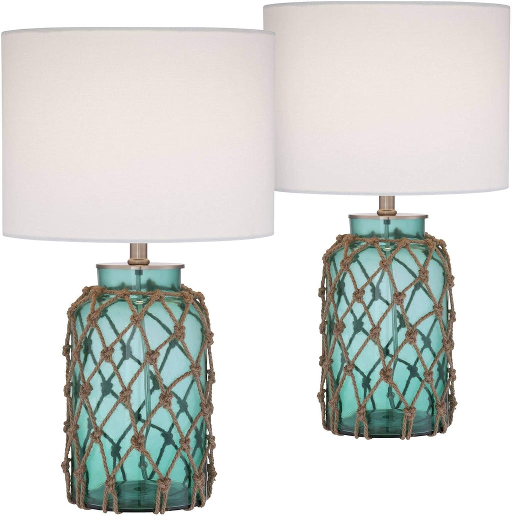 360 Lighting Crosby Cottage Accent Table Lamps 22.5' High Set of 2 Natural Coastal Blue Green Rope Net Off White Drum Shade Decor for Living Room Bedroom House Bedside Nightstand